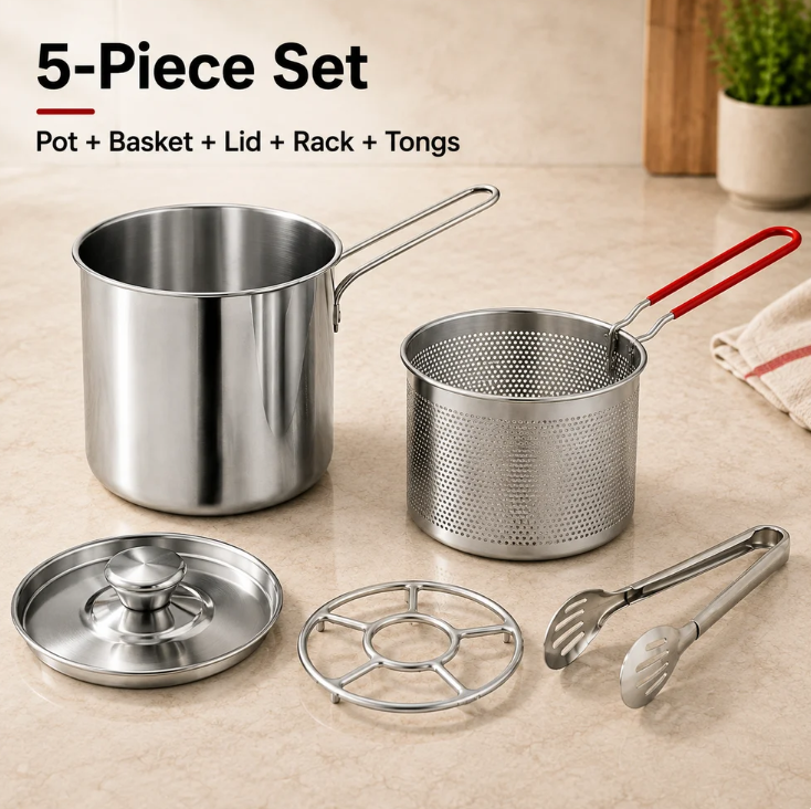 🍟 304 Stainless Steel Personal Mini Deep Fryer Set — Small-Batch Crispy Frying with Lift-Out Drain Basket & Zero Oil Splatter 🍳✨ (JG)
