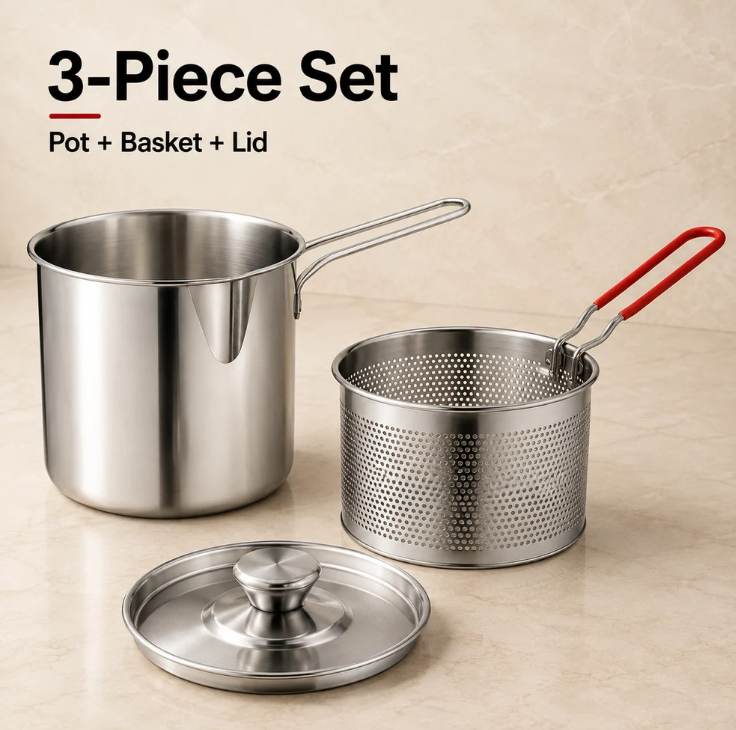 🍟 304 Stainless Steel Personal Mini Deep Fryer Set — Small-Batch Crispy Frying with Lift-Out Drain Basket & Zero Oil Splatter 🍳✨ (JG)